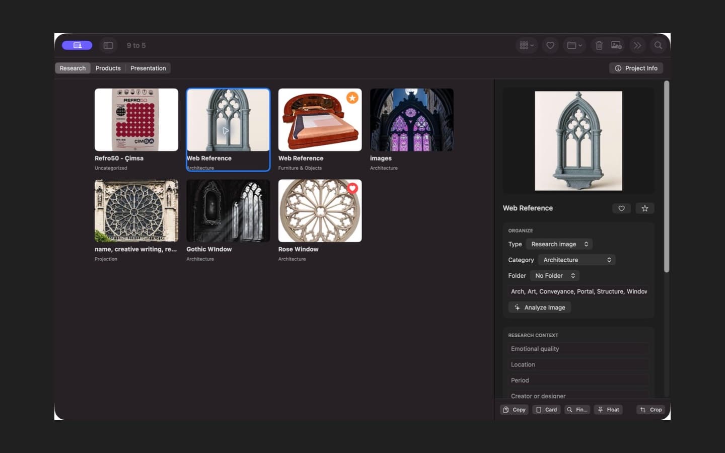 RefRo inspector showing source links, categories, notes, and saved image context.