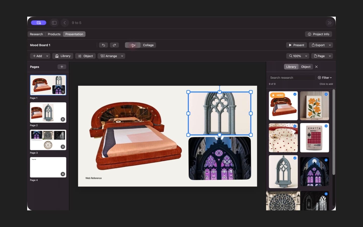 RefRo mood-board editor with multiple pages, research images, and layout controls.