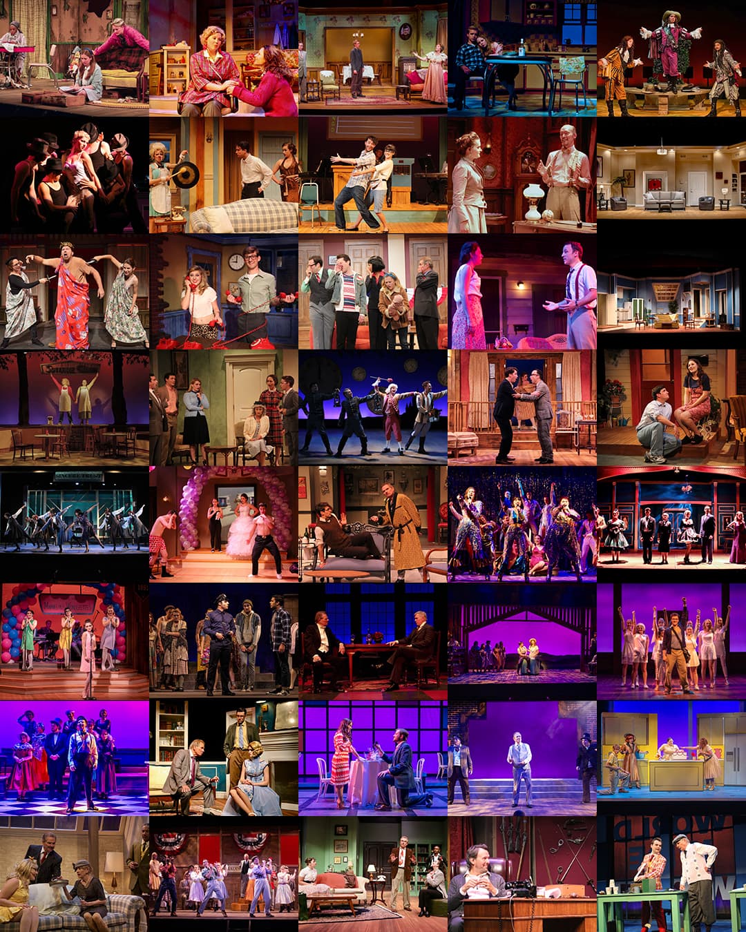 A collage of scenic design production photographs from Brandon PT Davis's work at Okoboji Summer Theatre.