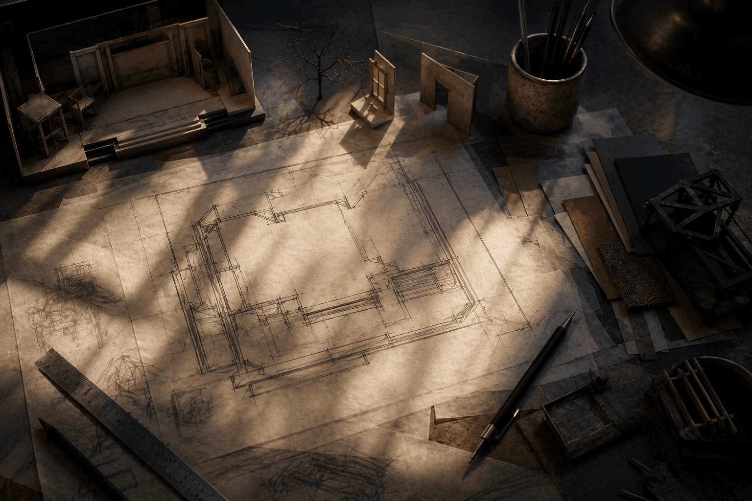 Scenic design drafting table with a hand-drawn ground plan, model pieces, tools, and warm studio light.