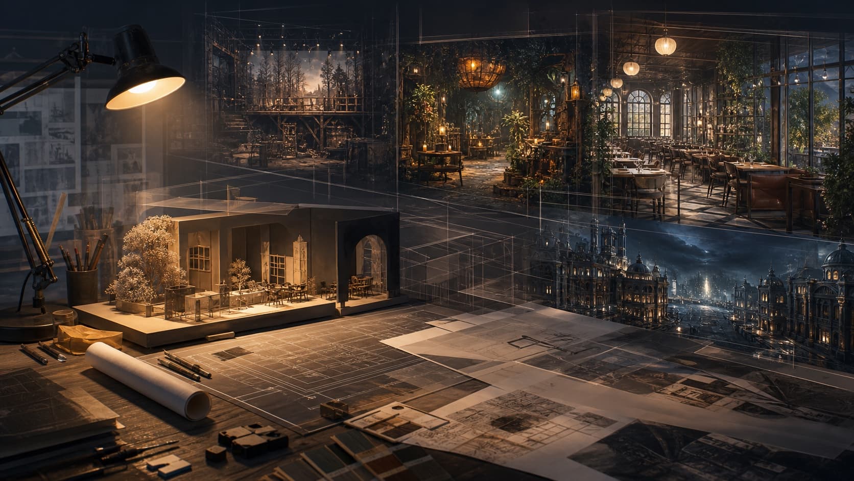 Editorial architectural artwork of a scenic design workspace expanding into theatre, themed entertainment, architectural visualization, and production design worlds.