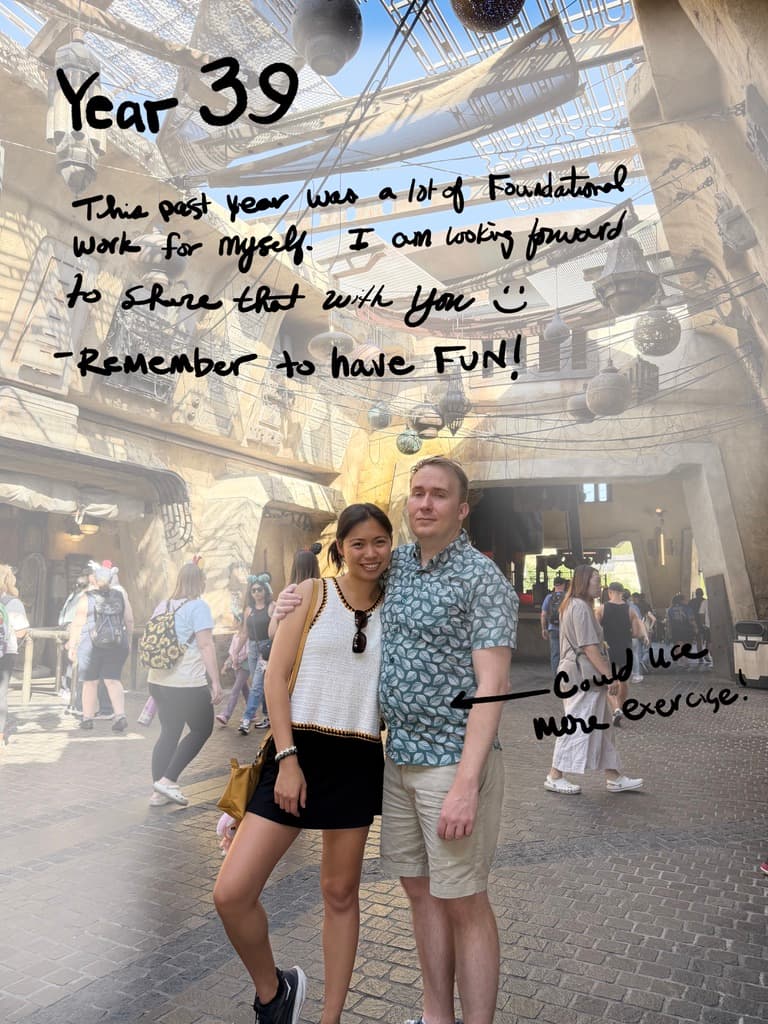 Brandon PT Davis and his partner standing together in a sunlit themed environment with handwritten birthday notes for year 39 over the image.