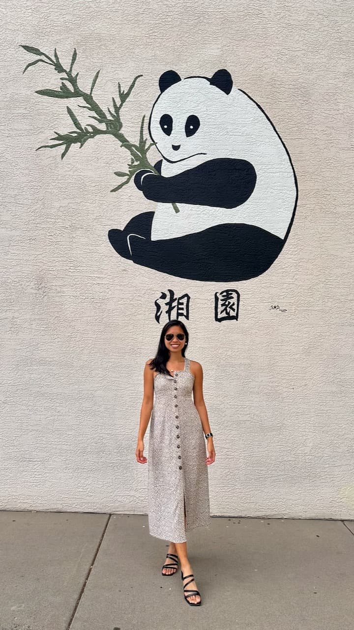 A person standing beneath a large panda mural painted on a light wall.