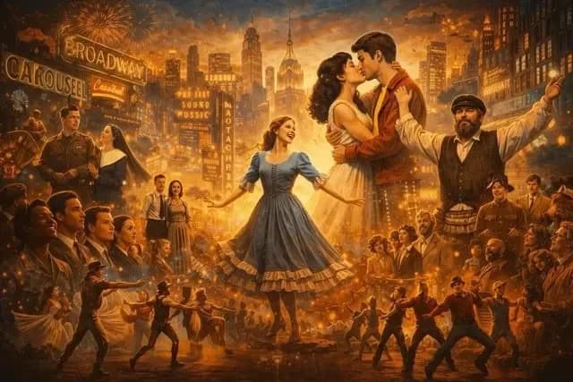 Golden Age Broadway stage picture with ensemble balance, architectural scenery, and integrated musical storytelling.