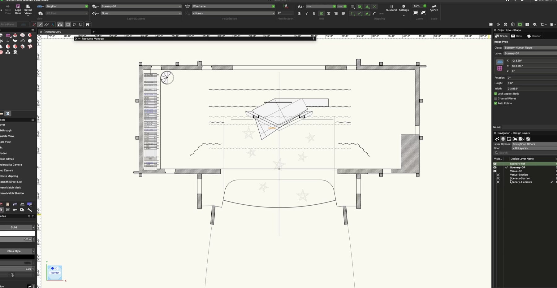 Vectorworks top plan view showing a scenic model, camera position, and rendering setup interface.