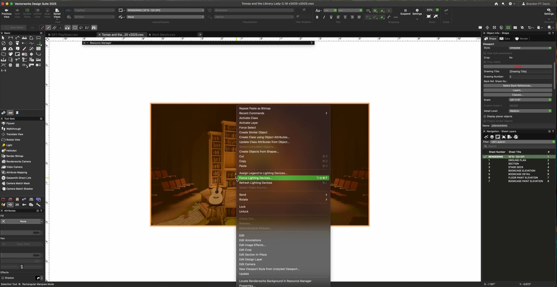 Vectorworks rendering sheet with a completed scenic rendering prepared for output.