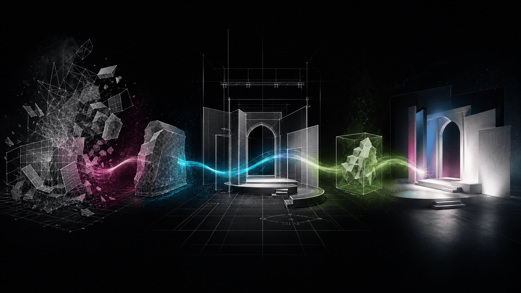Abstract scenic rendering workflow moving from dense imported mesh geometry to a clean render-ready Vectorworks model.