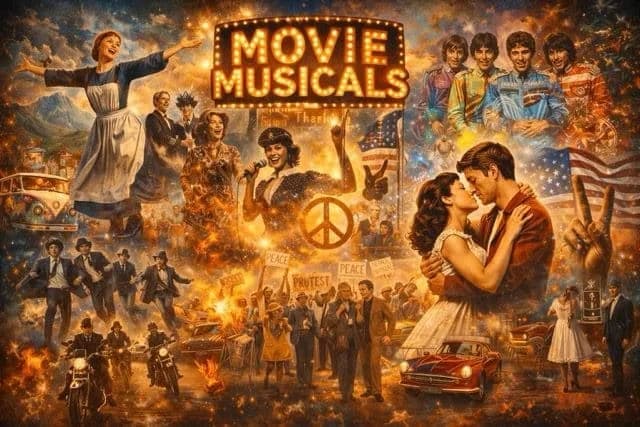 A midcentury musical collage balancing Hollywood polish with rock-era rebellion.