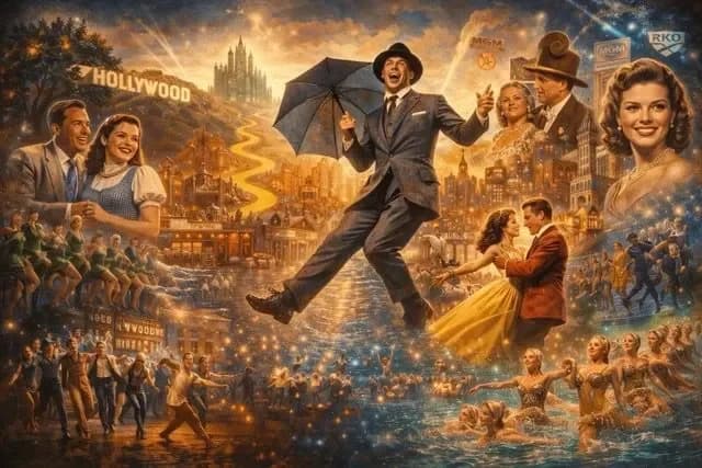 Classic Hollywood musical staging with choreography, camera movement, and theatrical set scale.