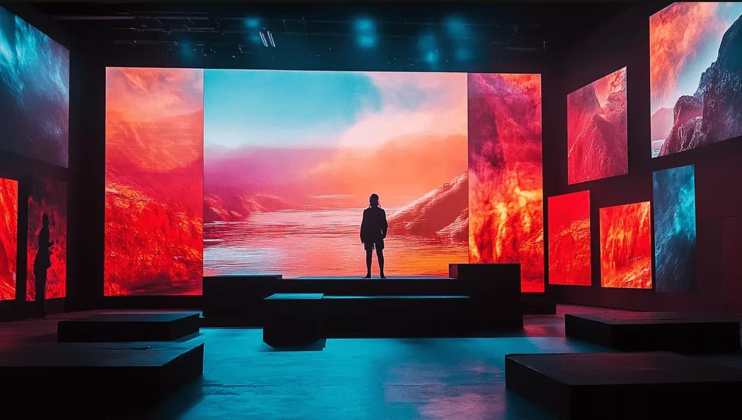 Minimalist scenic design with open space, projection, and modular scenic elements.