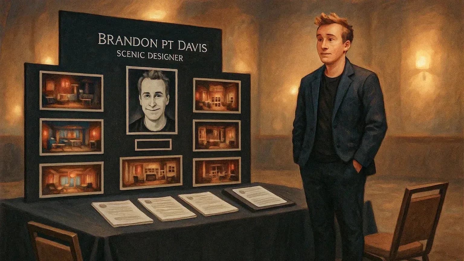 Scenic design student standing beside a review display with a model, drawings, and rendering boards.