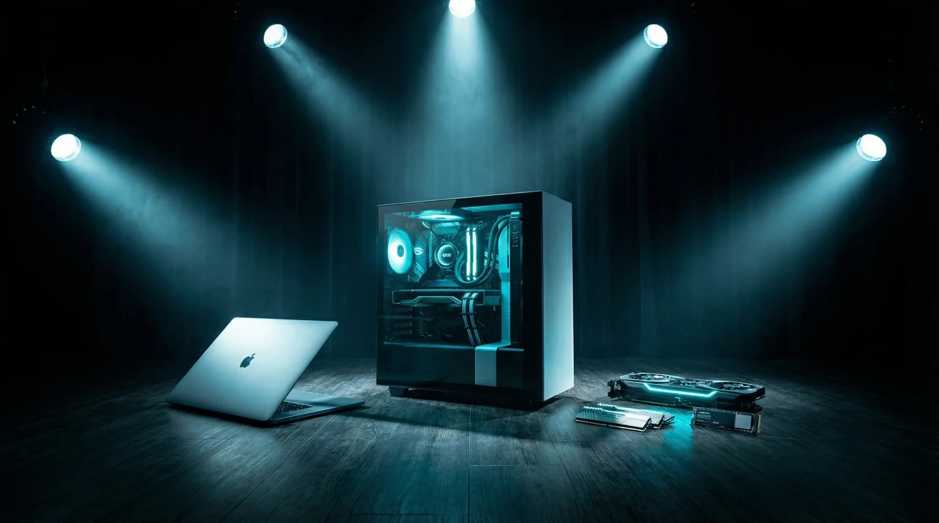 Scenic design workstation with drafting software, rendering views, and hardware components.