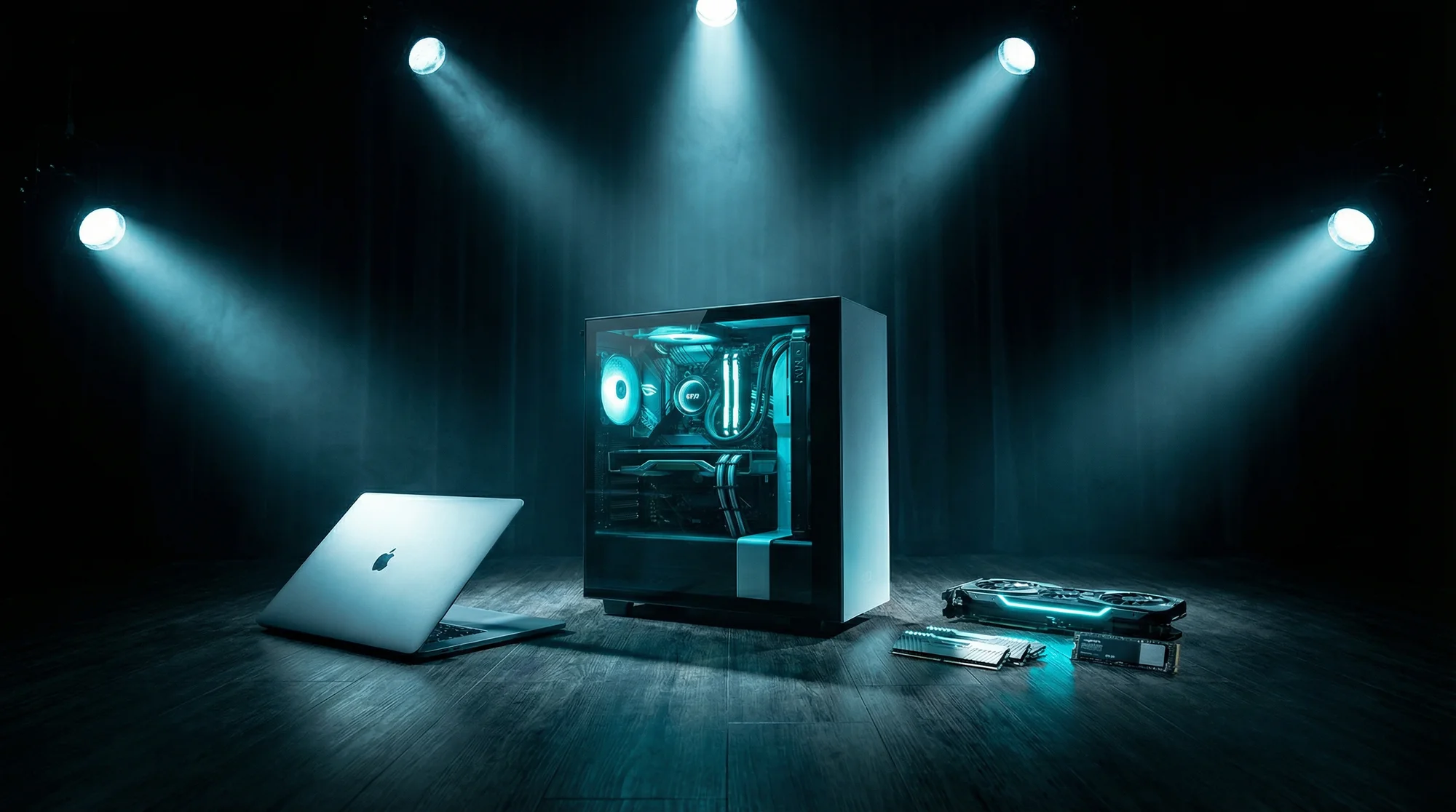 Scenic design workstation with drafting software, rendering views, and hardware components.