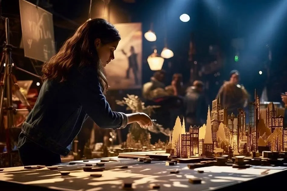 A scenic design workflow board with script notes, sketches, and stage plans.