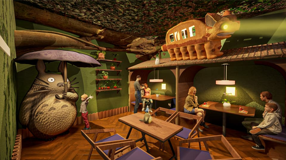 Student-designed immersive dining environment inspired by Studio Ghibli, combining themed storytelling, atmosphere, and restaurant planning.