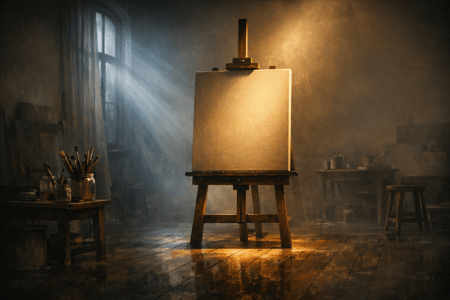 A blank canvas on an easel in a hazy artist's studio, lit by a warm spotlight and cool window light.