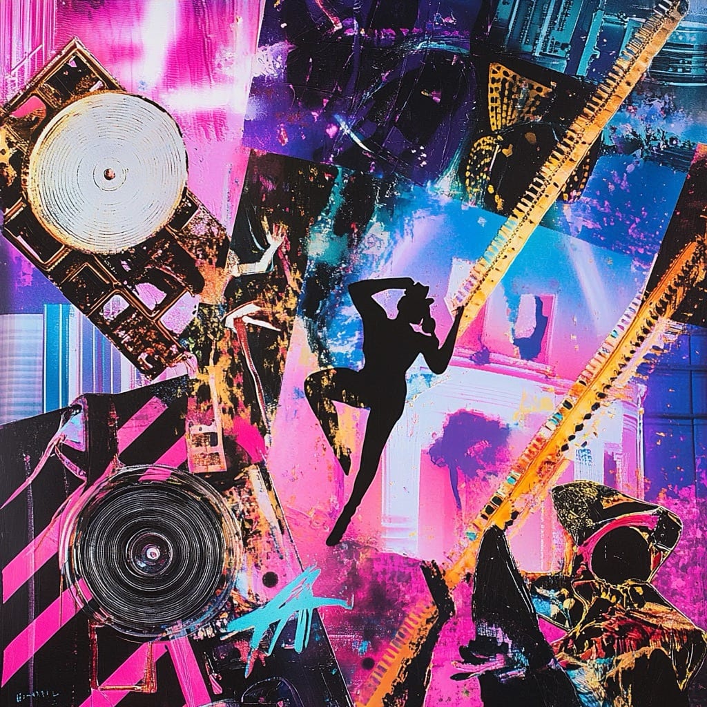 Stylized 1980s musical-cinema collage with dancers, records, neon light, and theatrical motion.