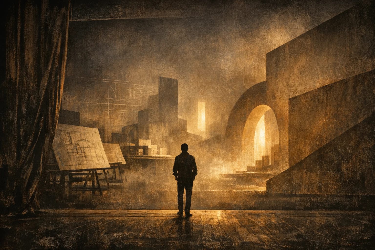 Abstract theatrical architecture opening into adjacent design worlds beyond the stage, with a solitary figure standing in a warm amber haze.