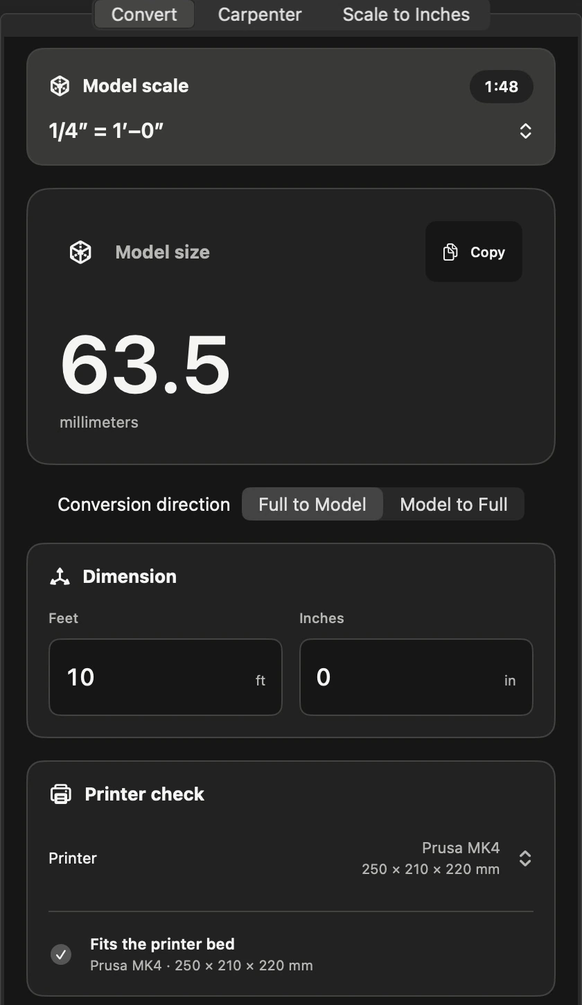 ArchMM converting ten feet at quarter-inch scale to 63.5 millimeters and checking a Prusa MK4 printer bed
