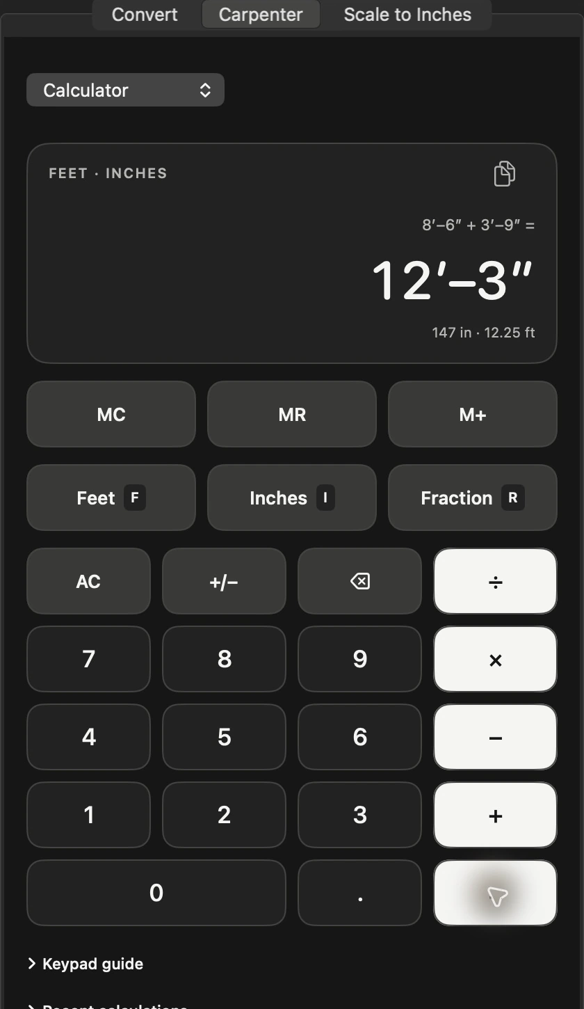 ArchMM Carpenter calculator showing eight feet six inches plus three feet nine inches equals twelve feet three inches