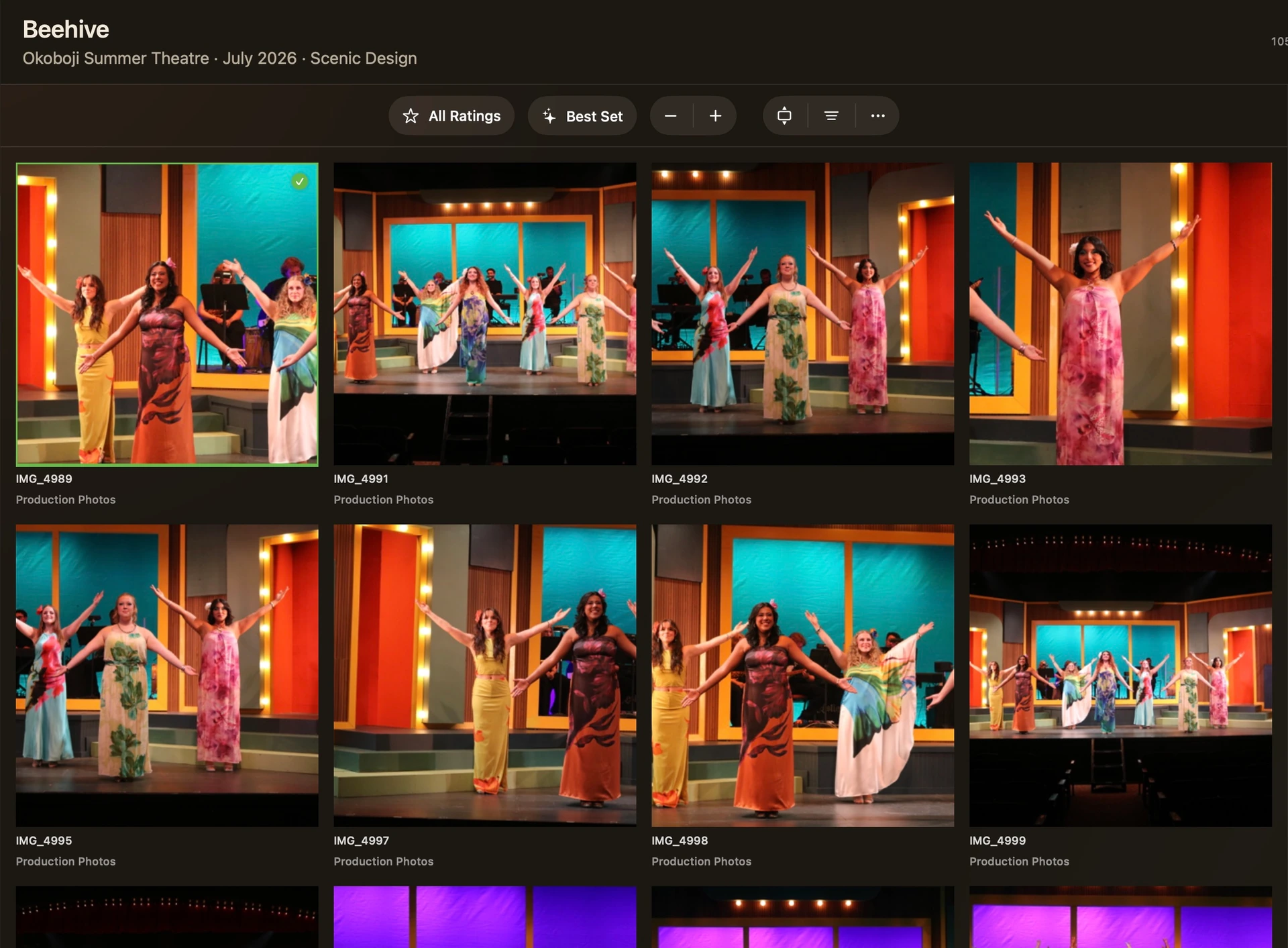 Foli 2.2 Beehive project gallery with production photographs, rating filters, and full-aspect-ratio controls