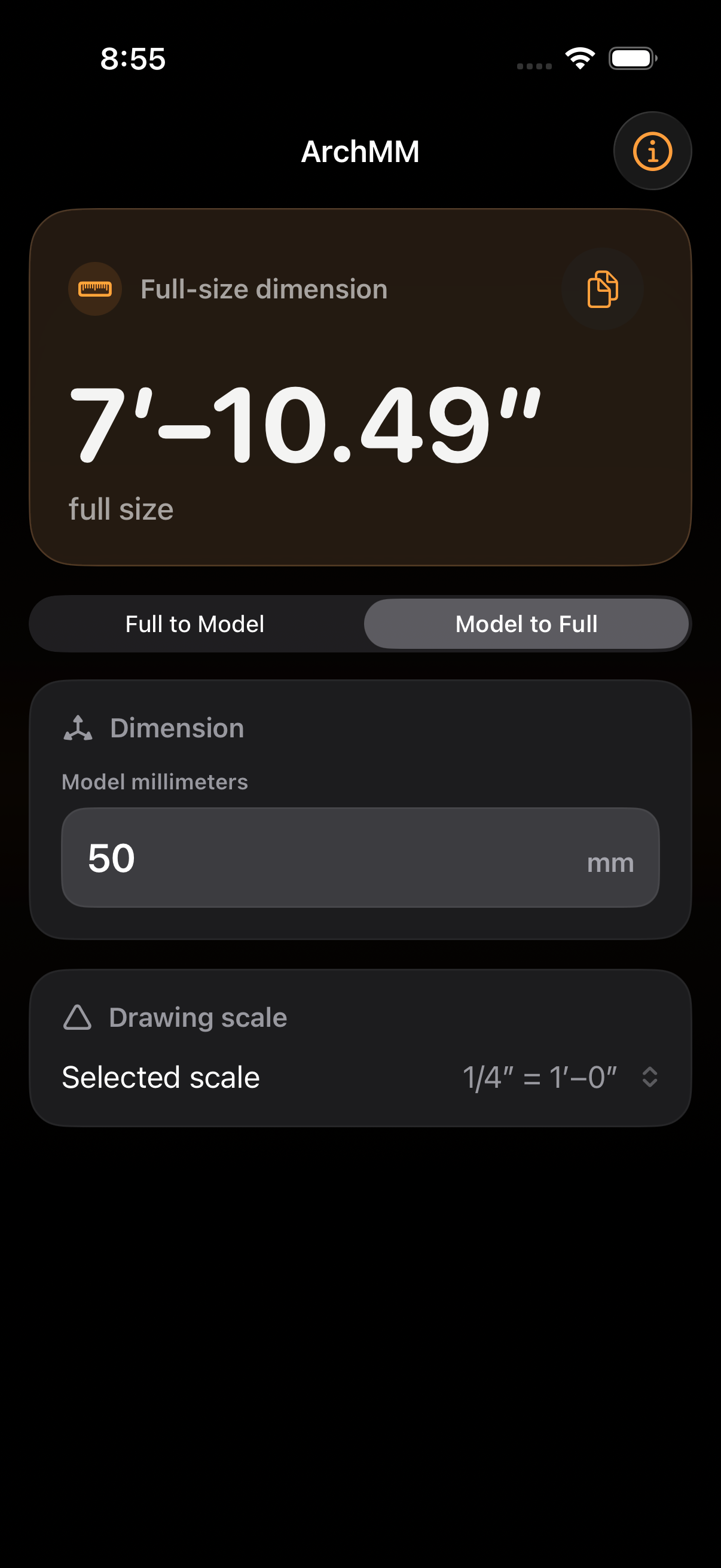 ArchMM converting a model measurement back to full-size dimensions