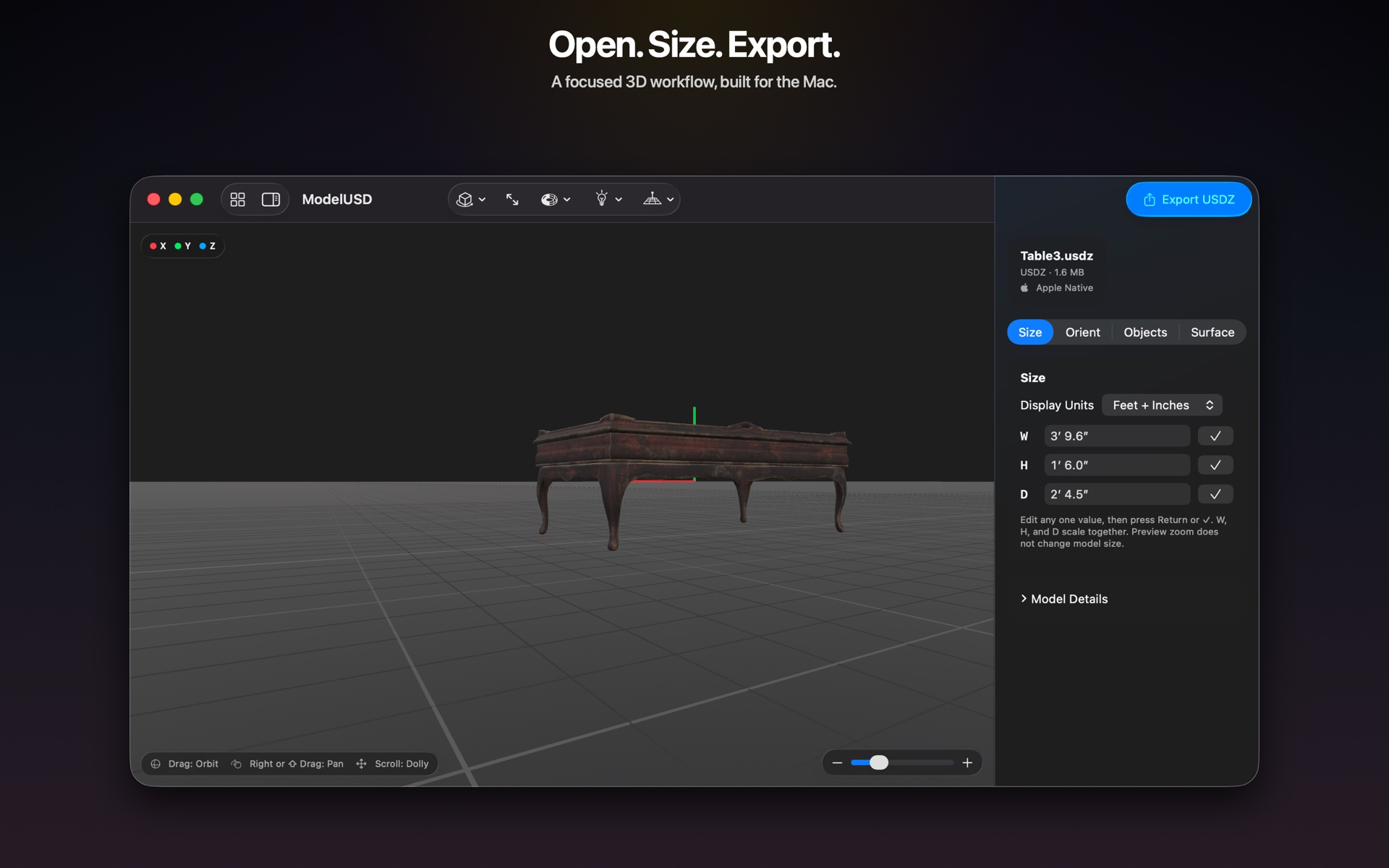 ModelUSD showing a furniture model with real-world measurement controls
