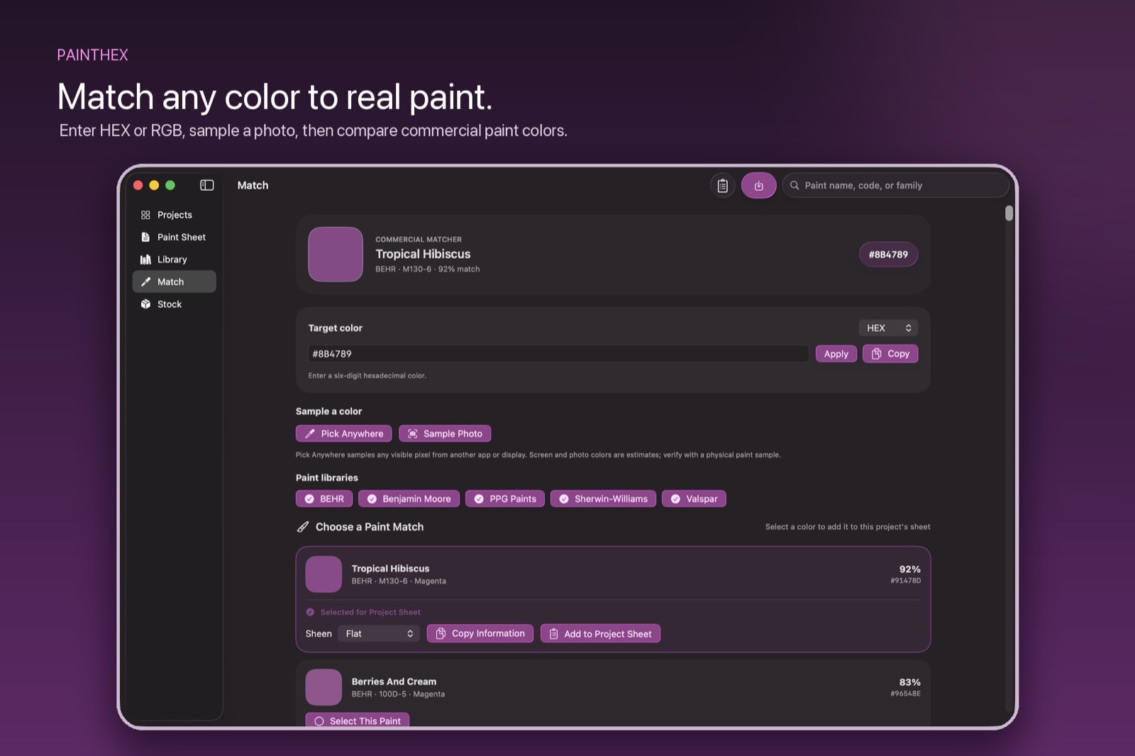 PaintHex comparing a sampled color against commercial paint matches