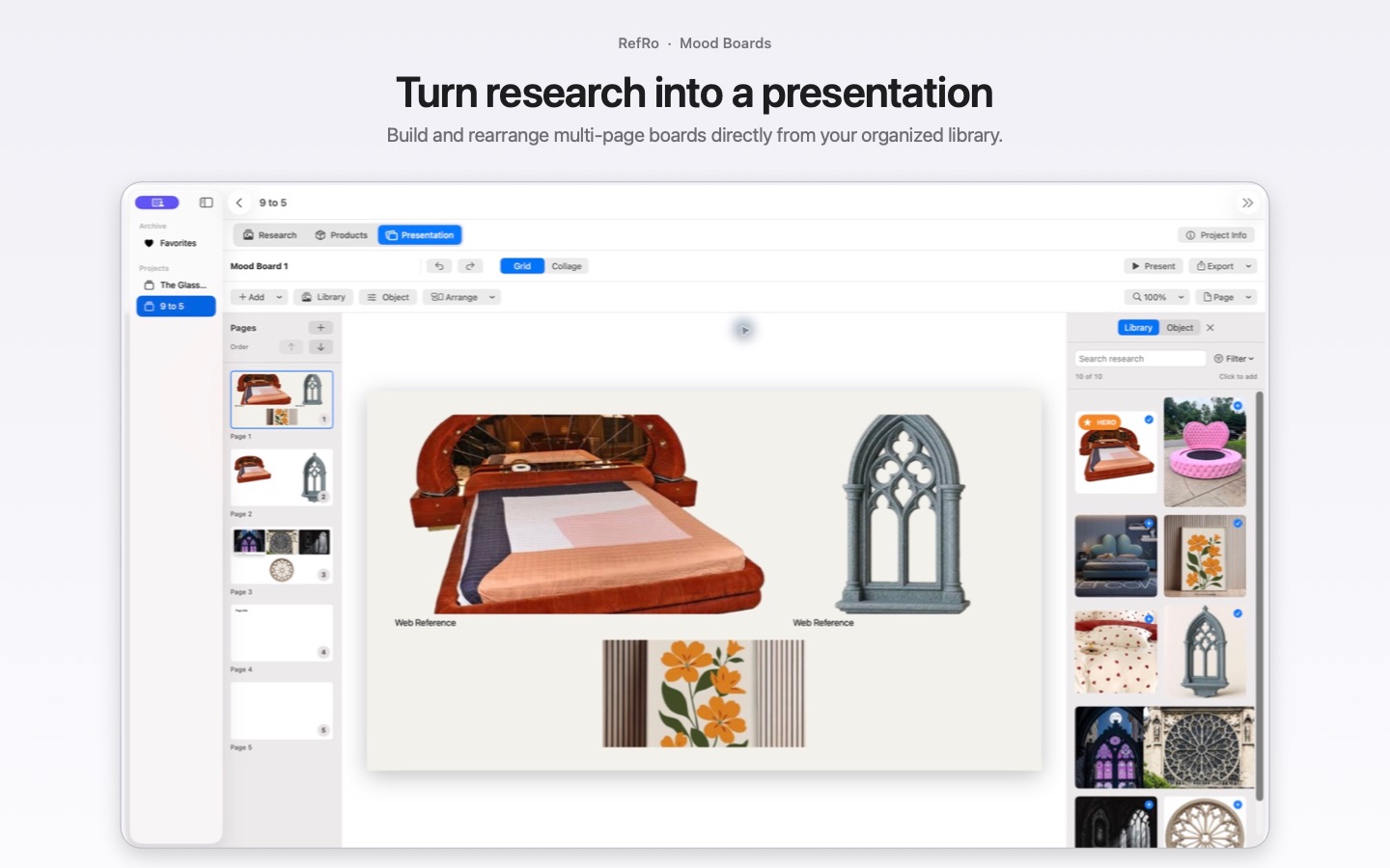 RefRo mood-board editor and presentation layout
