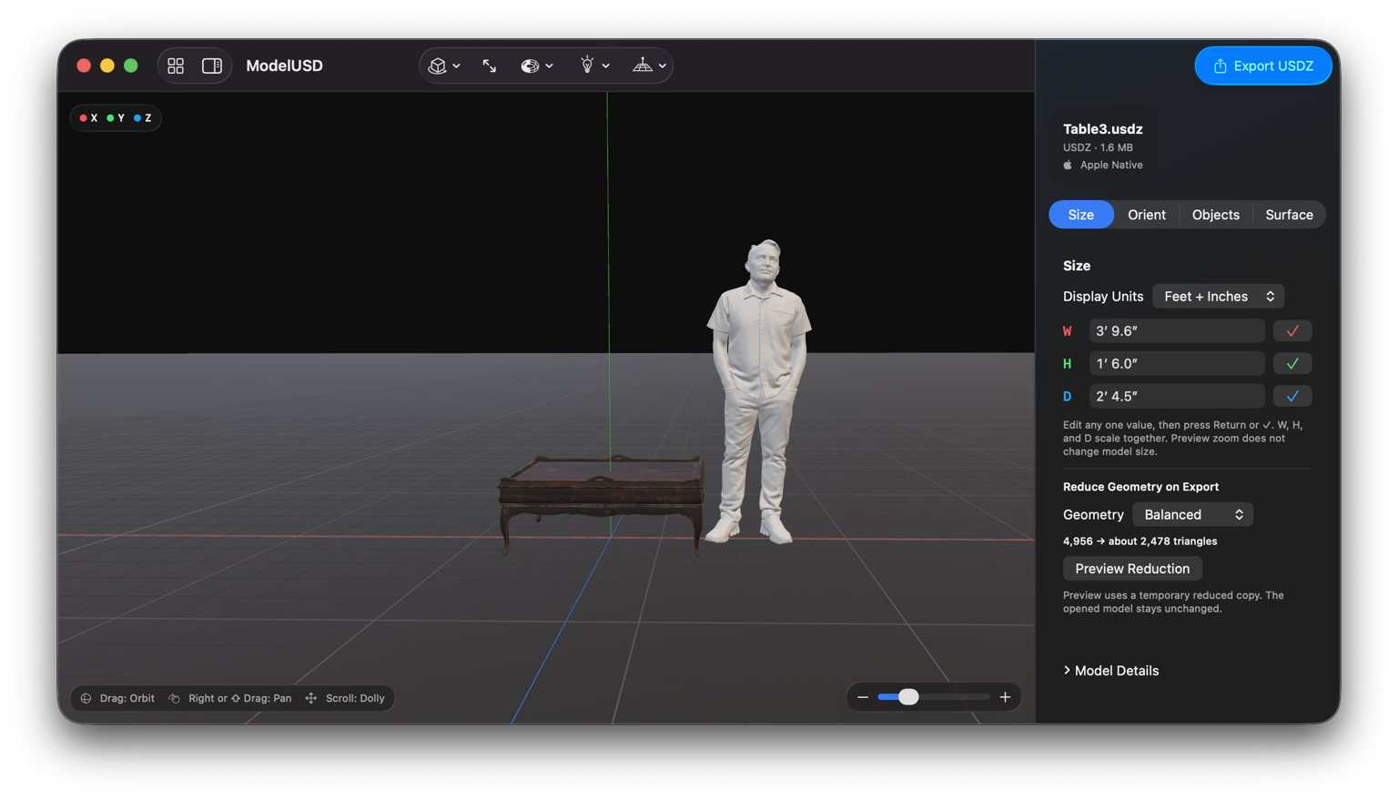 ModelUSD previewing a table and human figure with size and geometry controls visible