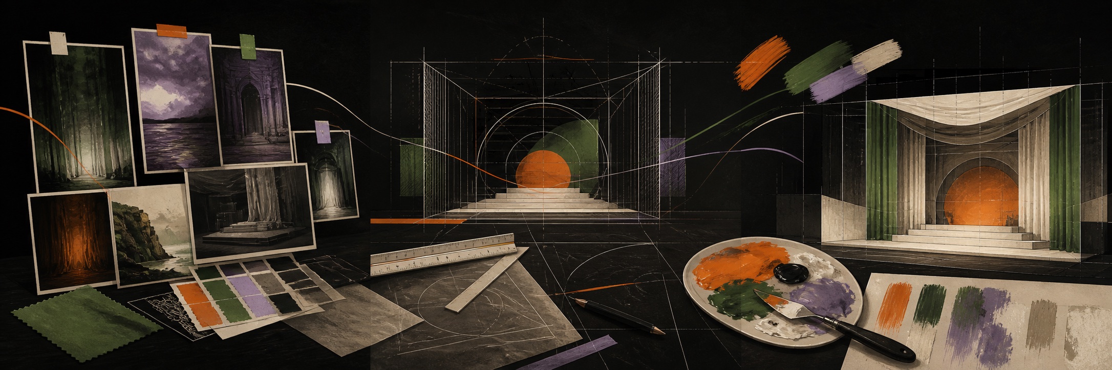 Scenic research, drafting, paint, and material studies on a work surface