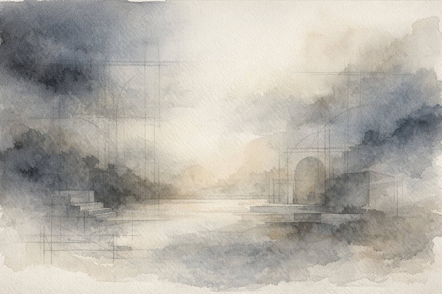 A muted watercolor field of charcoal, parchment, and smoky blue-gray with faint scenic drafting traces suggesting growth and authorship.