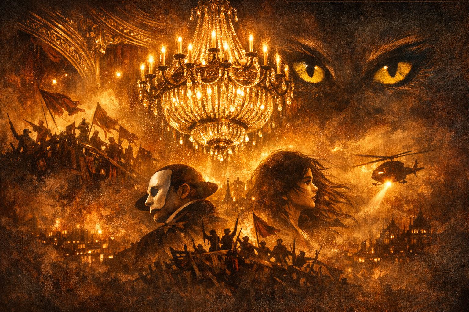 Warm cinematic megamusical cover with a chandelier, barricade imagery, and sweeping theatrical light.