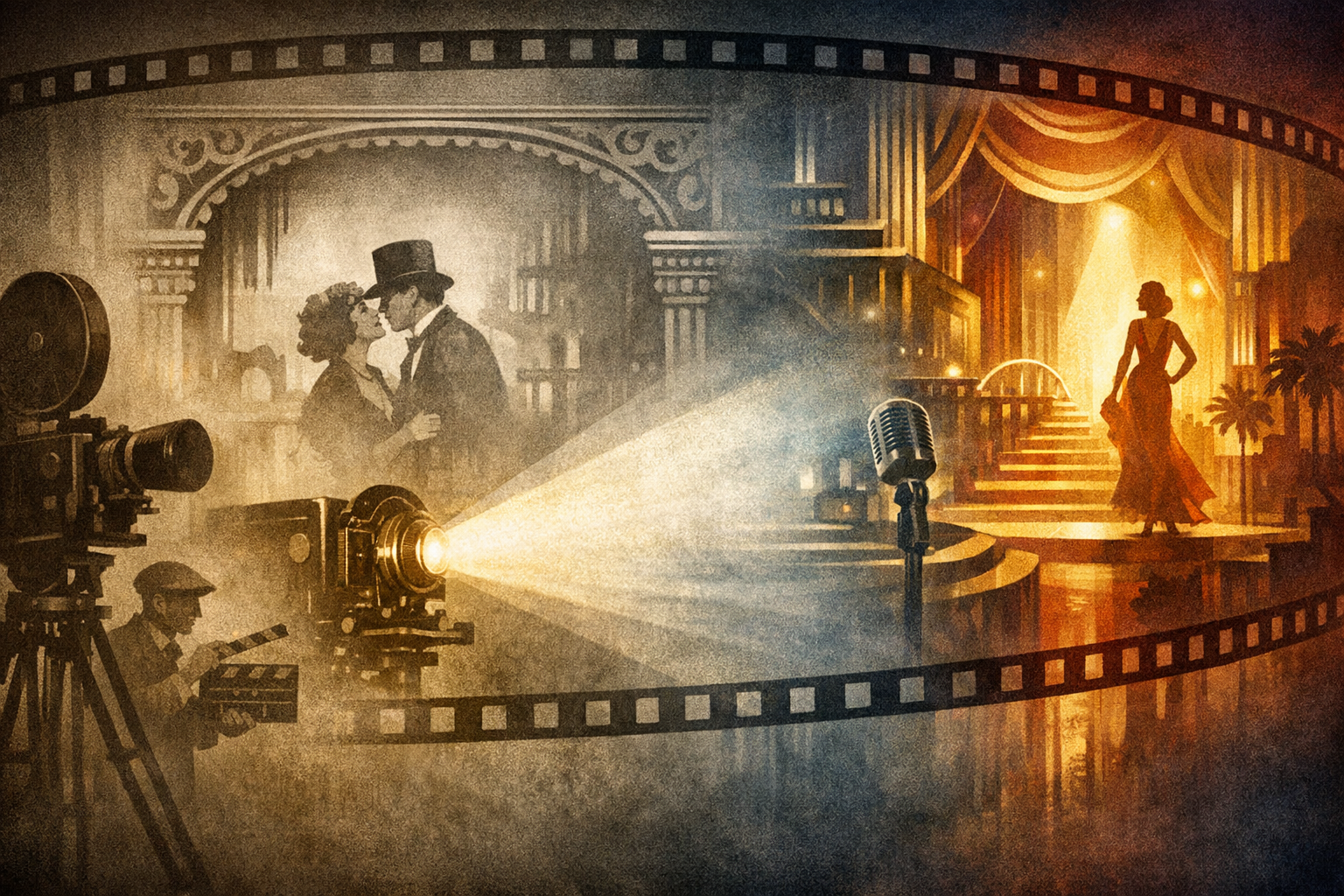 Cinematic editorial cover showing the transition from silent film grammar to sound, color, and deep-focus cinema.