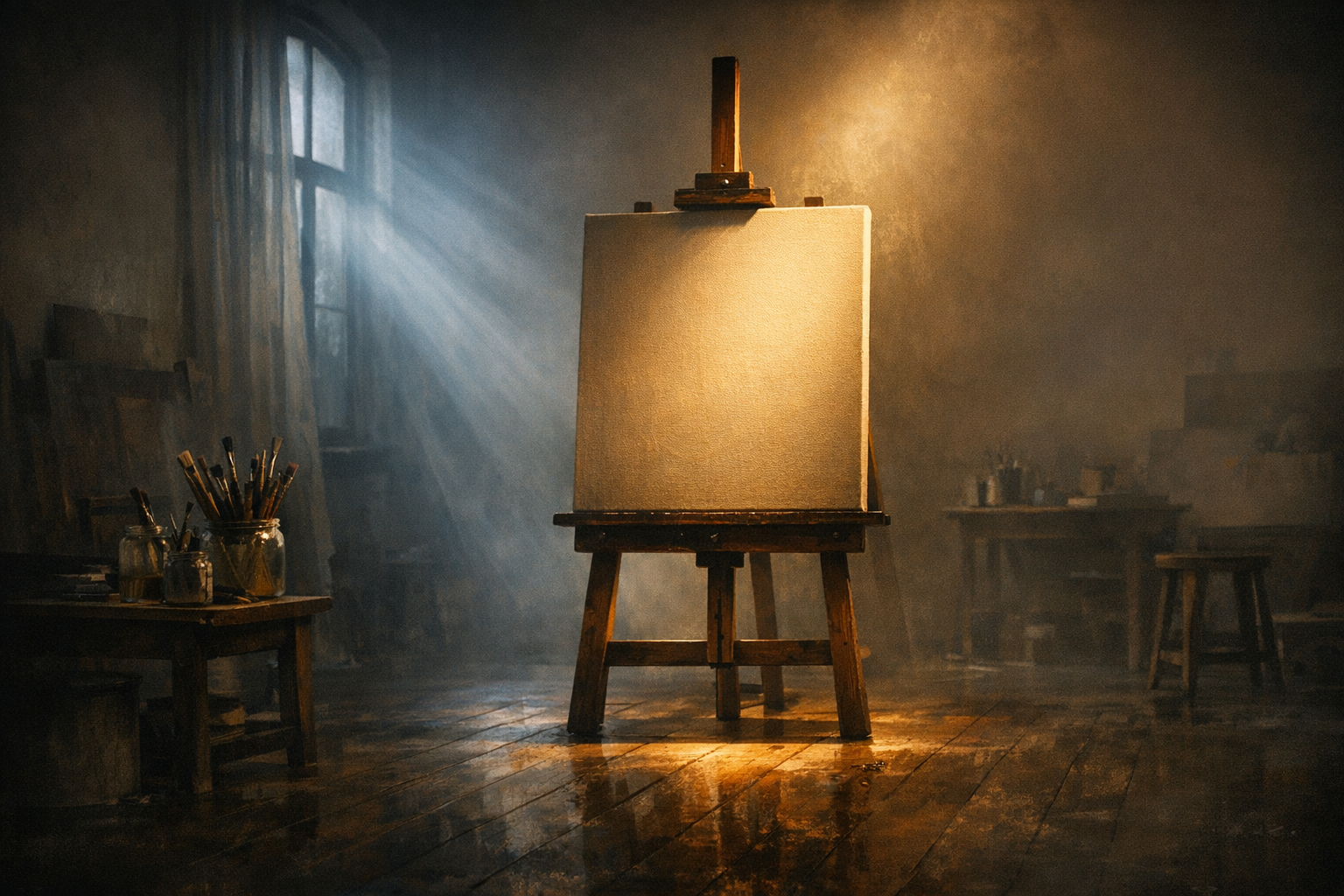 A blank canvas on an easel in a hazy artist's studio, lit by a warm spotlight and cool window light.