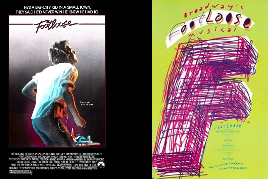 Split reference image showing Footloose as both a film property and later theatrical adaptation.