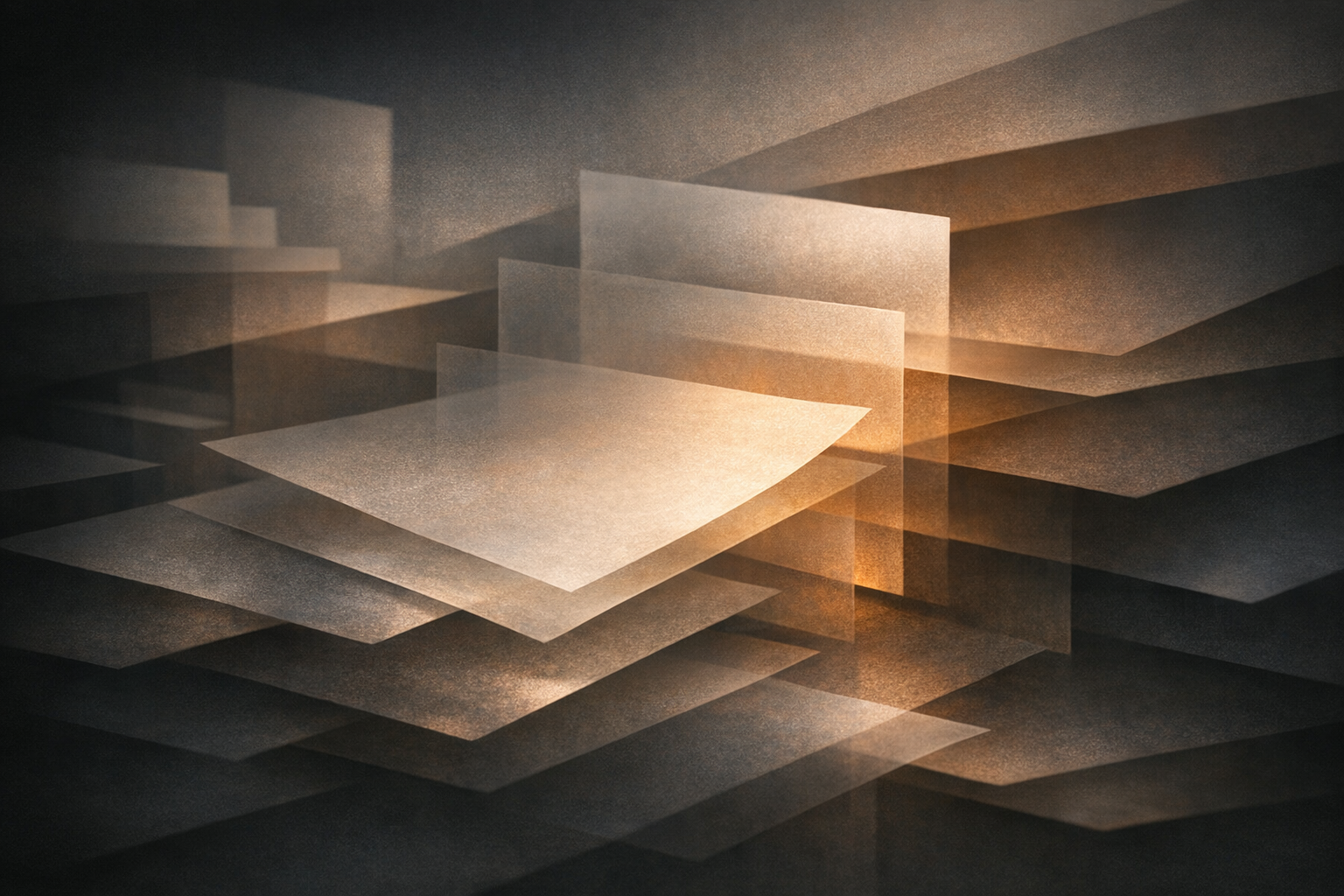 Warm charcoal editorial artwork of stacked translucent planes and shifting surfaces suggesting unseen layers of complexity inside a project.