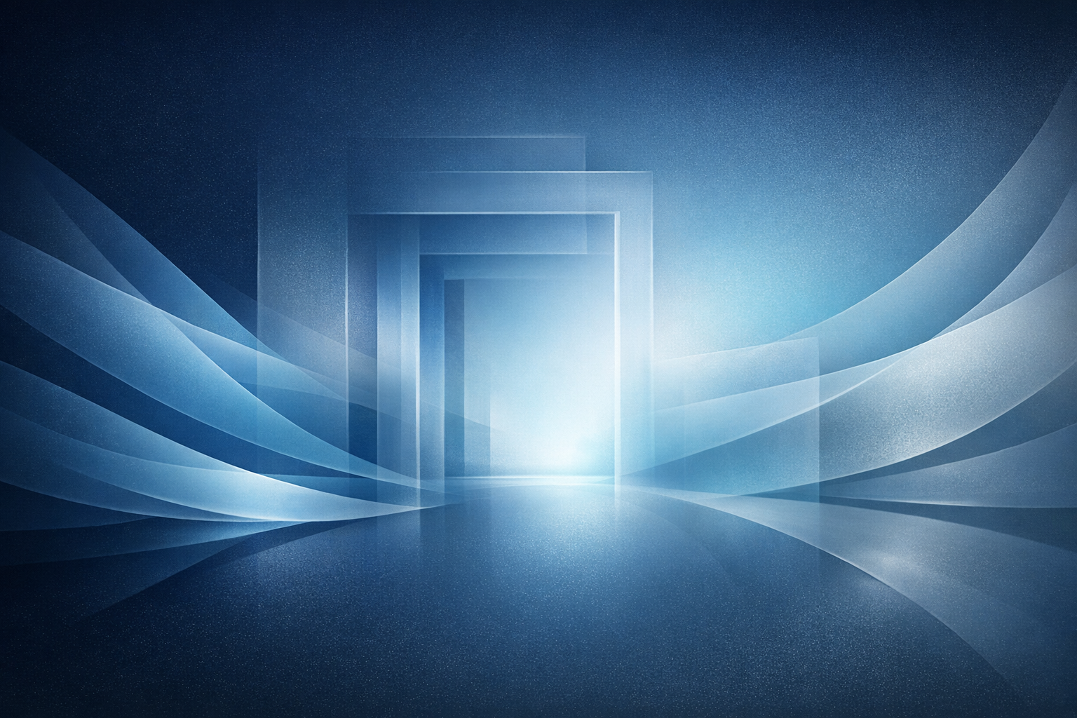 Atmospheric blue editorial artwork with layered translucent planes and luminous architectural openings suggesting expansion beyond a single path.