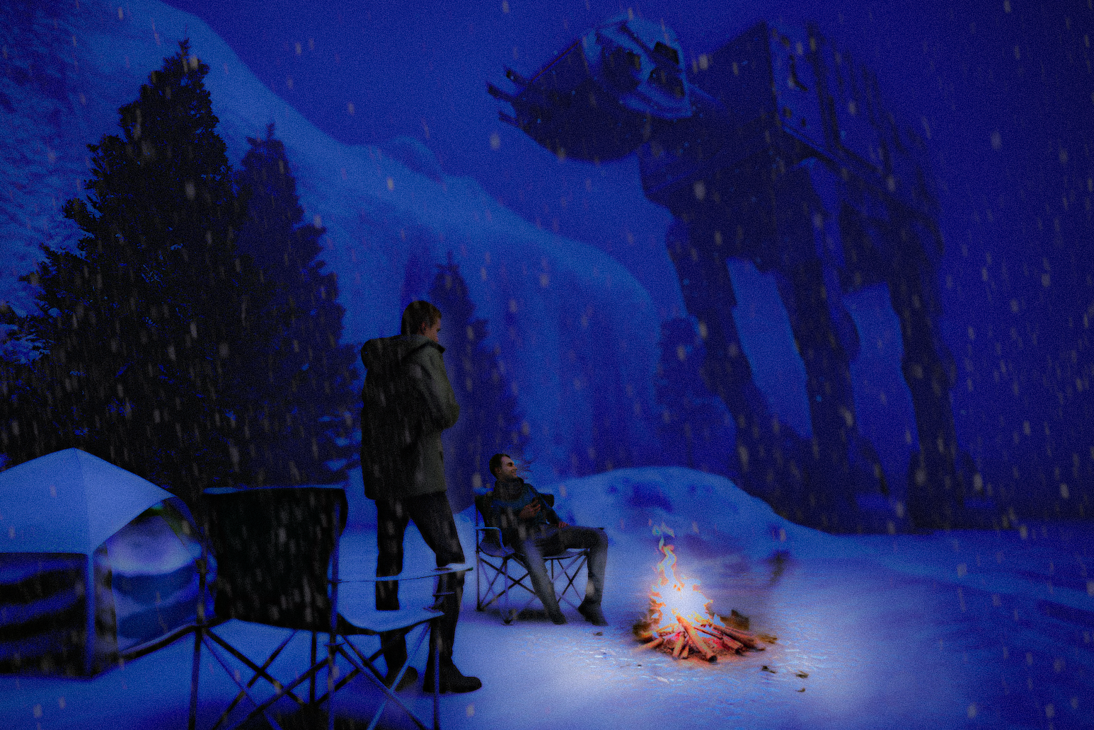 Blue night lighting study with an orange campfire beneath the walker.