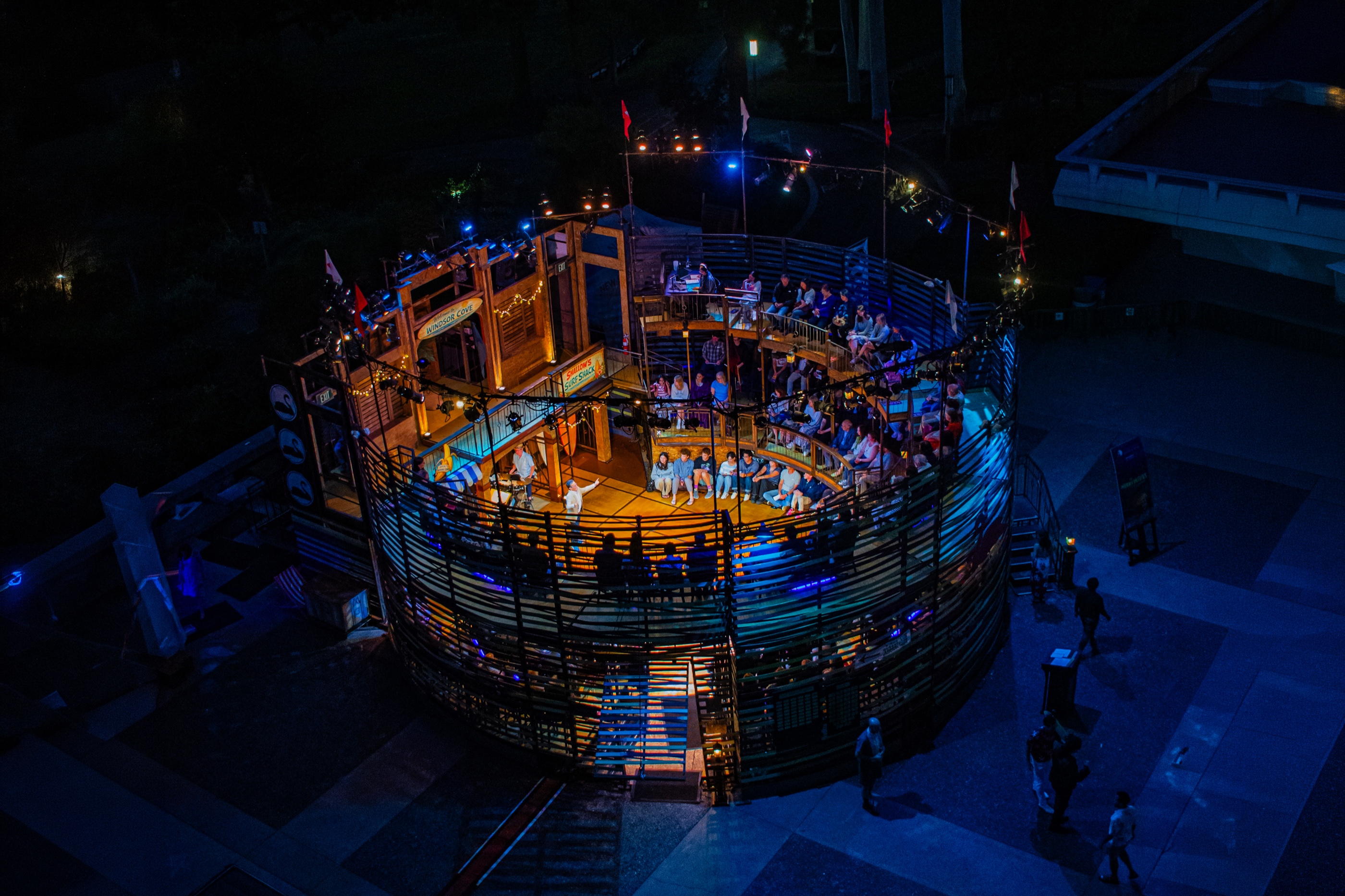 Aerial production photograph of The Merry Wives of Windsor at New Swan Theatre Festival