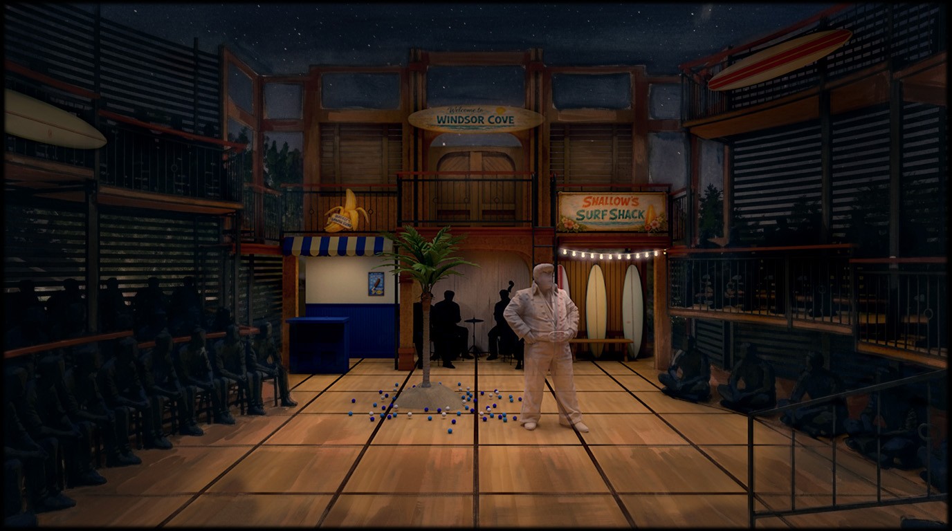Final scenic rendering for The Merry Wives of Windsor Cove, showing the audience-wrapped surf-town architecture and central playing space.