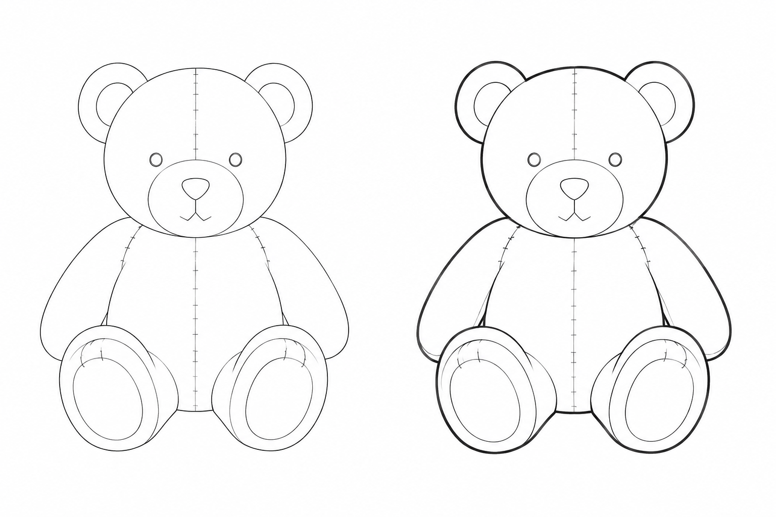 The same teddy bear drawn with a uniform line weight on the left and a hierarchy of weights on the right