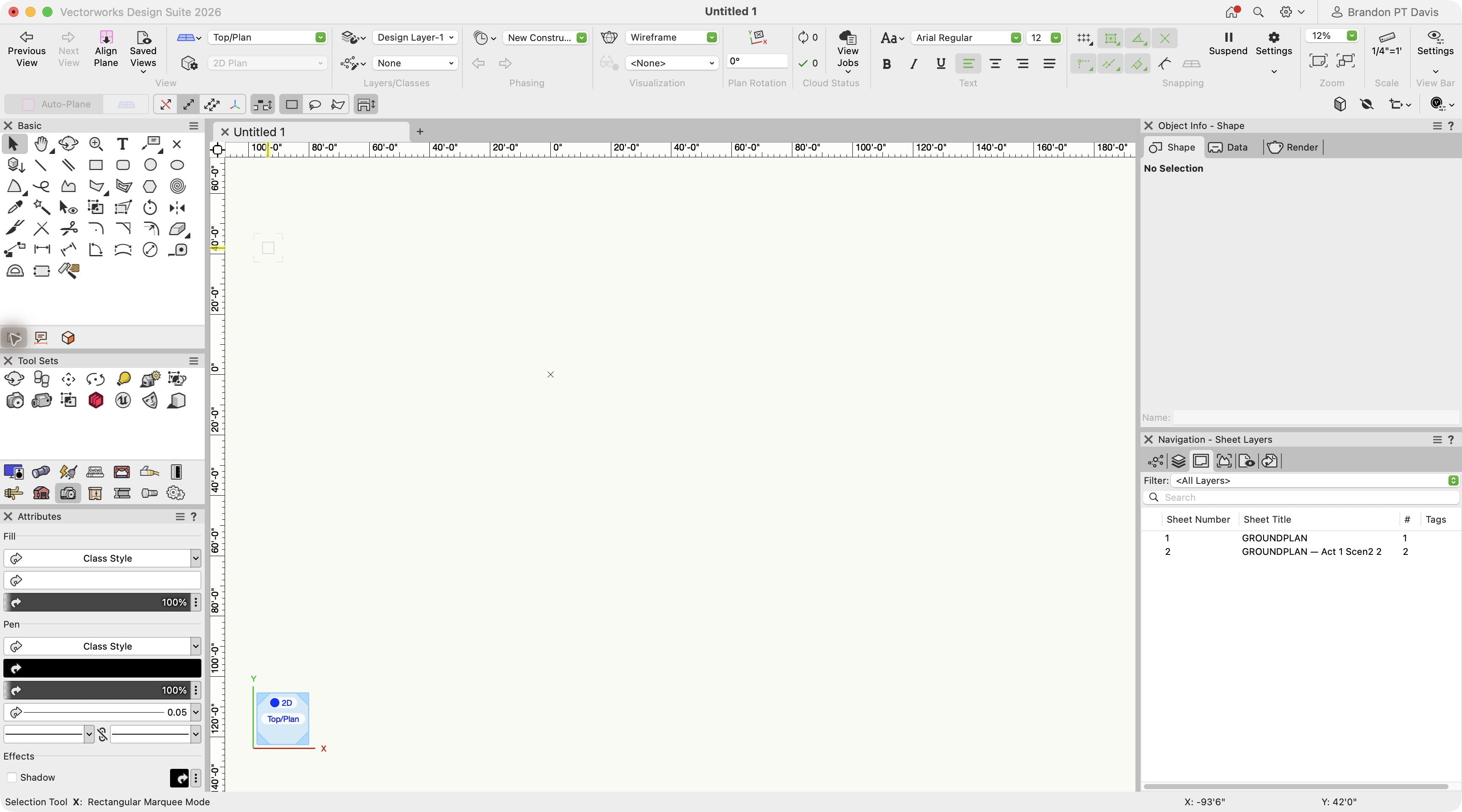 Scenic Design workspace in Vectorworks 2026 showing the tools and custom palette icons