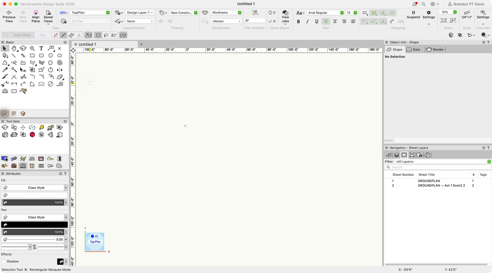 Scenic Design Workspace in Vectorworks 2026, showing tool palettes, attributes, and drawing navigation