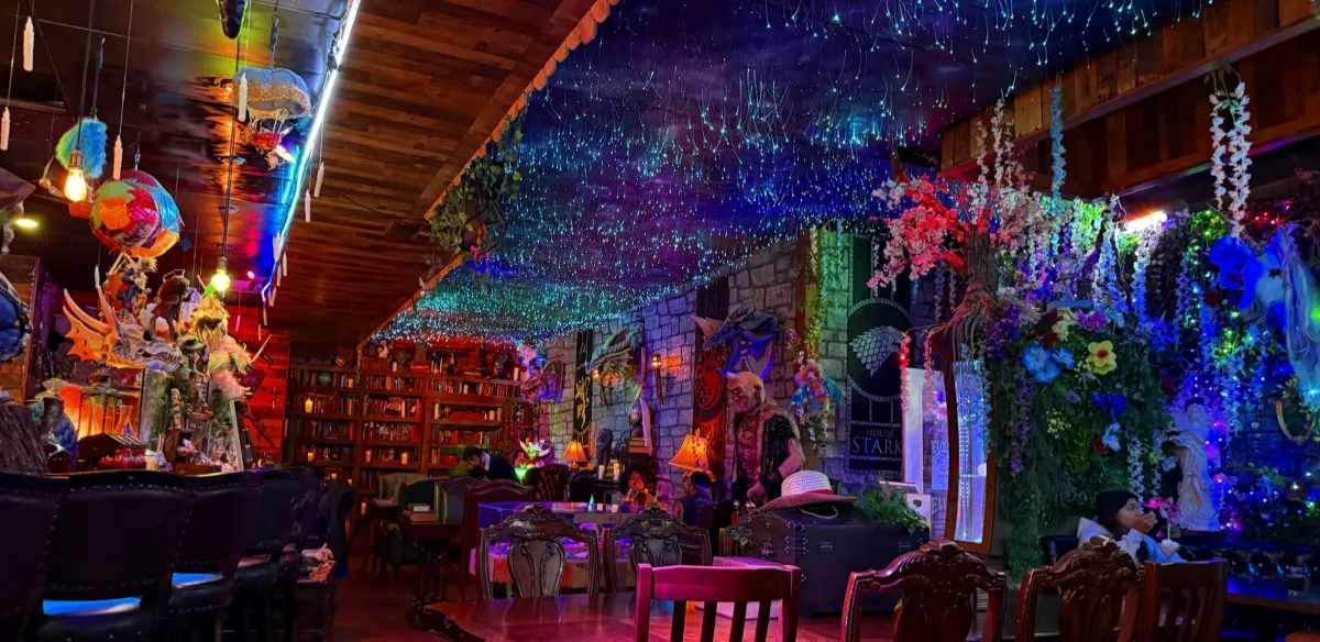 Main room at Elixir Wizard Academy with fantasy-themed boba bar and immersive decor.