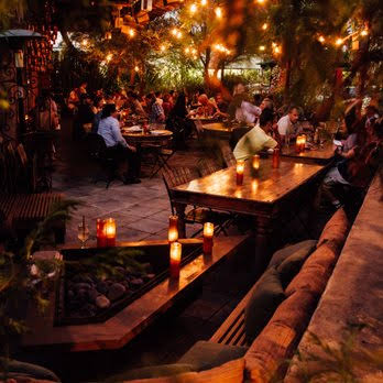 Habana patio with tropical planting, warm lighting, and romantic restaurant atmosphere.