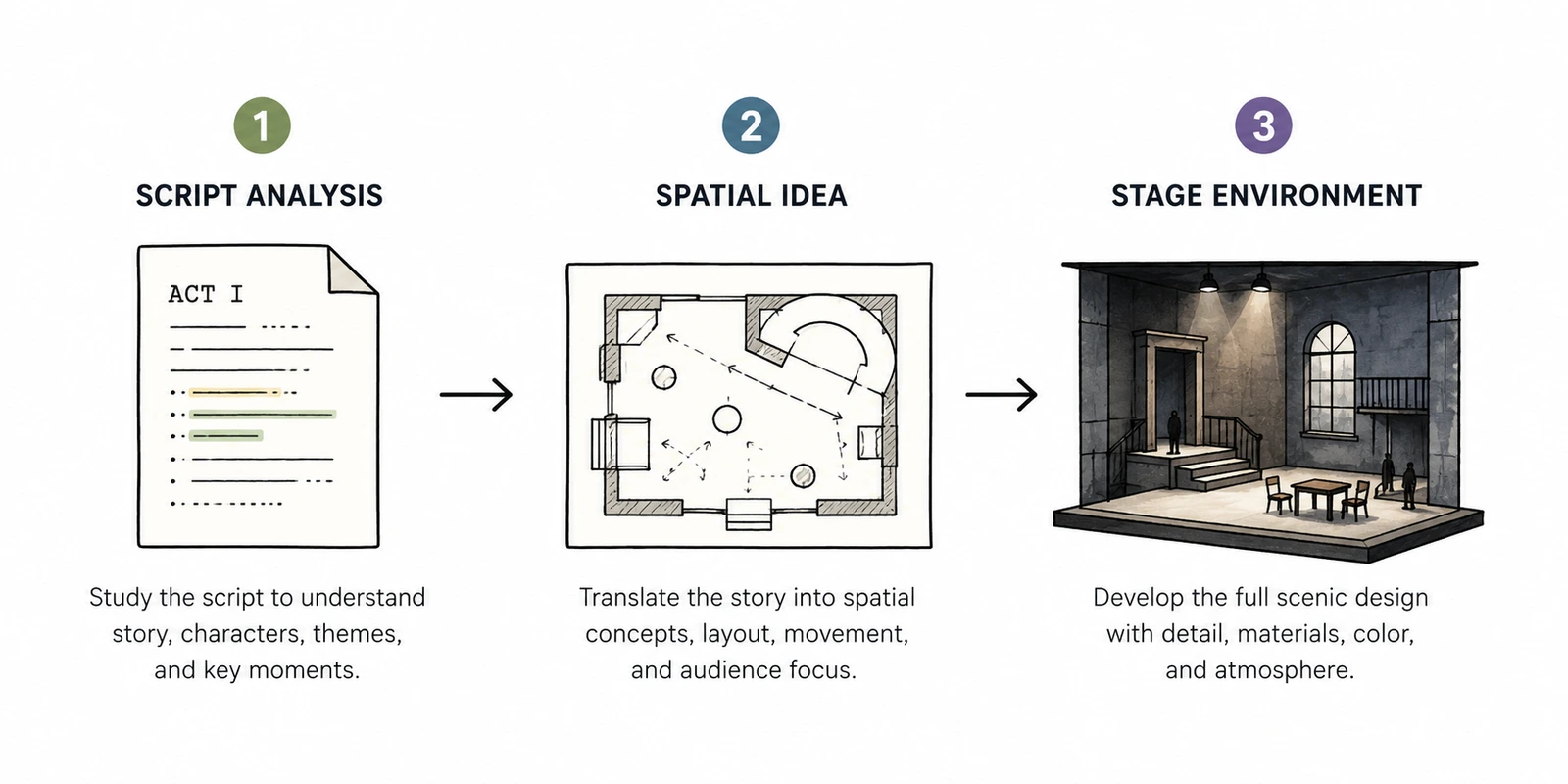Diagram showing how scenic designers translate script analysis into spatial ideas and stage environments.