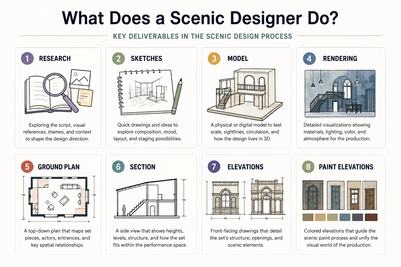 Infographic showing common scenic designer deliverables including research, sketches, renderings, models, ground plans, sections, and elevations.