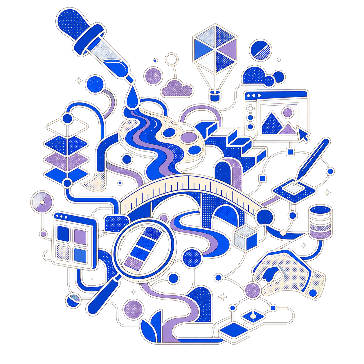 Blue and violet line illustration connecting a color dropper, palette, scale ruler, magnifier, and creative tools