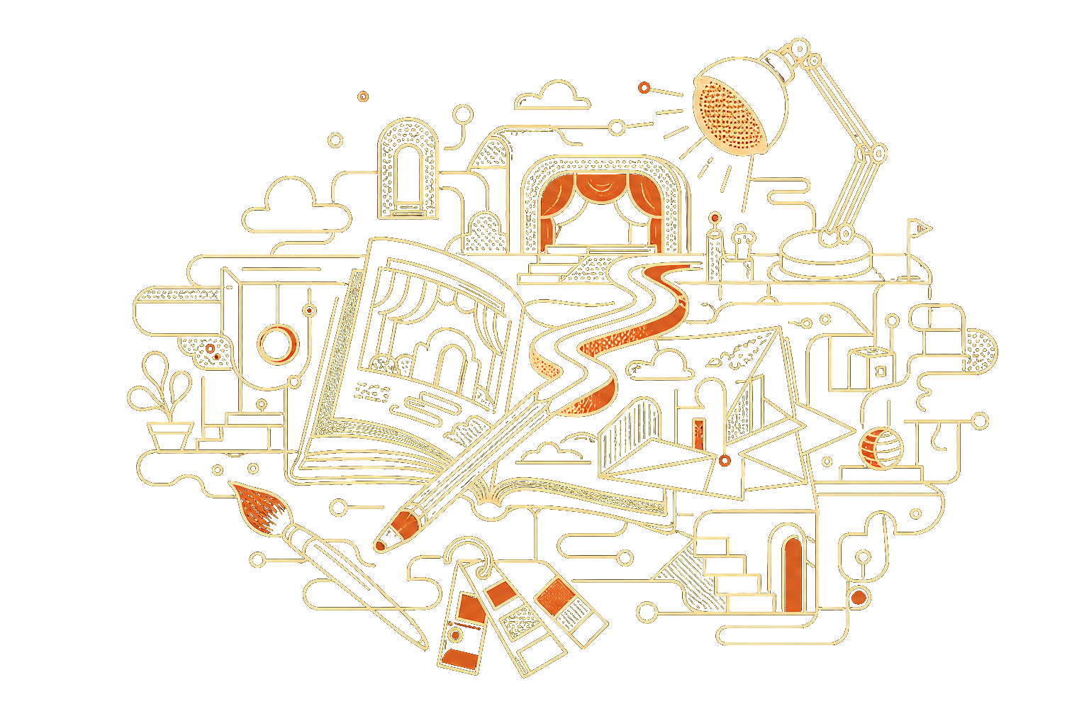 Ivory and orange line illustration connecting a sketchbook, pencil, paintbrush, stage, and model forms